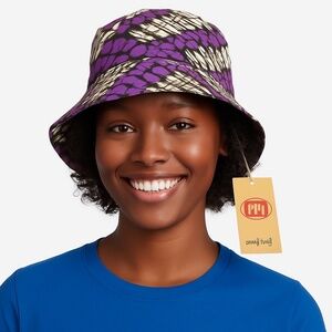 NWT Meji Meji Adire Bucket Hat – Purple, Black & White Abstract Print